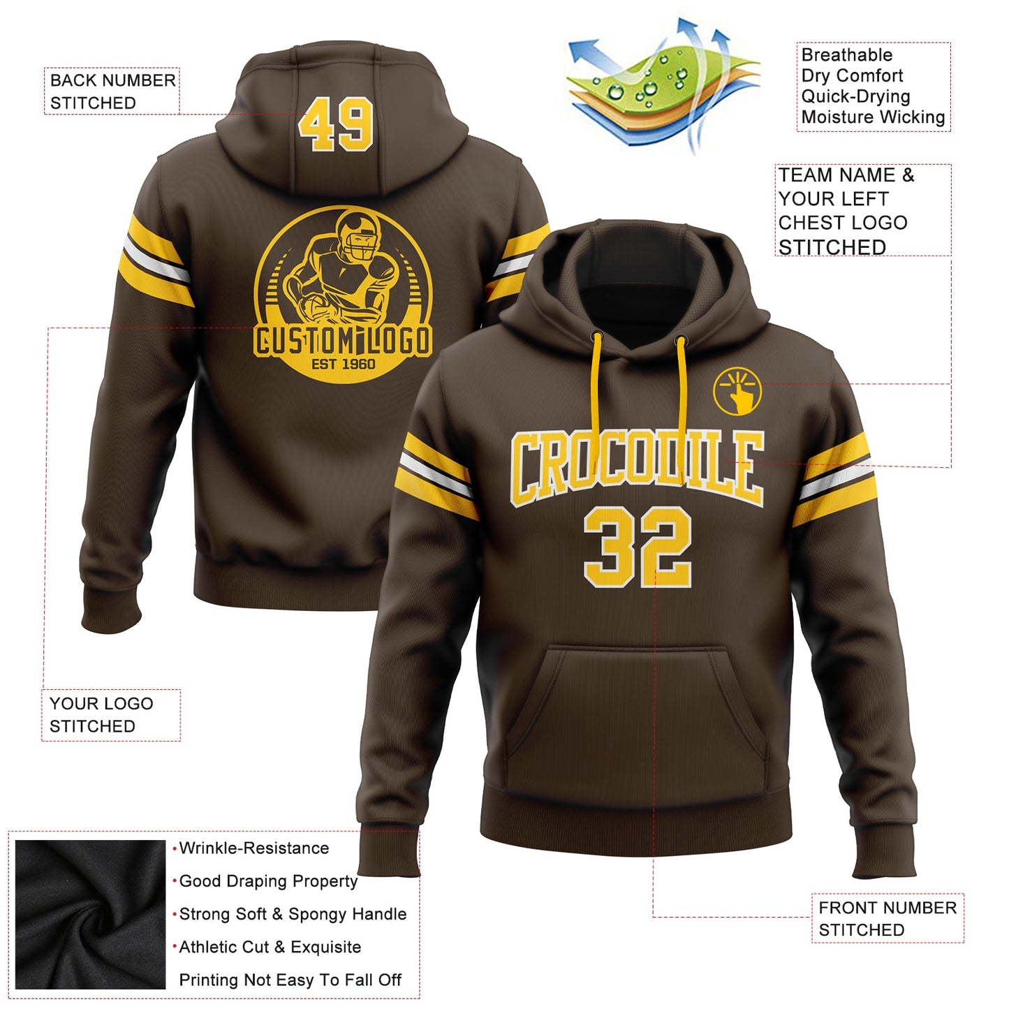 Custom Stitched Brown Gold-White Football Pullover Sweatshirt Hoodie view 2
