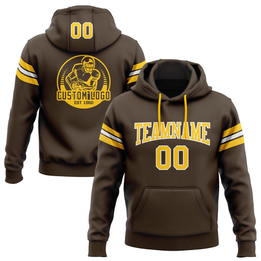 Custom Stitched Brown Gold-White Football Pullover Sweatshirt Hoodie - Main View