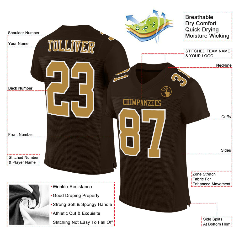 Custom Brown Old Gold-White Mesh Authentic Football Jersey view 2