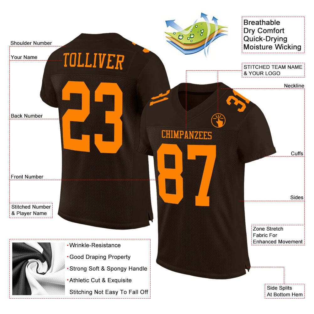 Custom Brown Bay Orange Mesh Authentic Football Jersey view 2