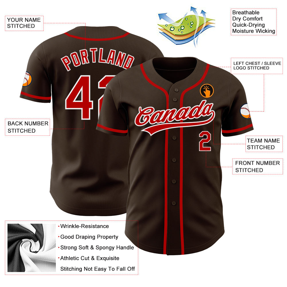 Custom Brown Red-White Authentic Baseball Jersey view 3