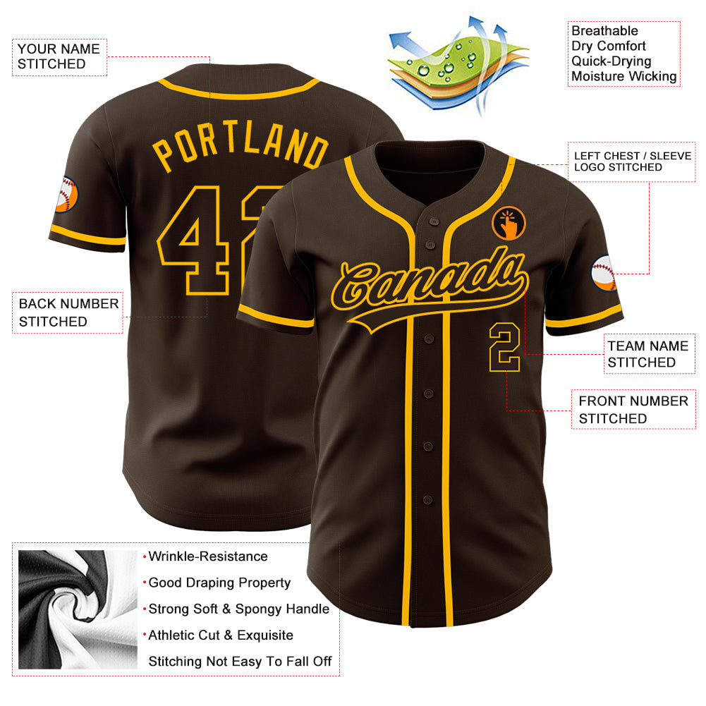 Custom Brown Brown-Gold Authentic Baseball Jersey view 3