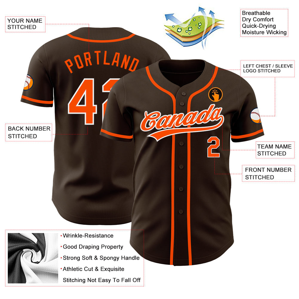 Custom Brown Orange-White Authentic Baseball Jersey view 3