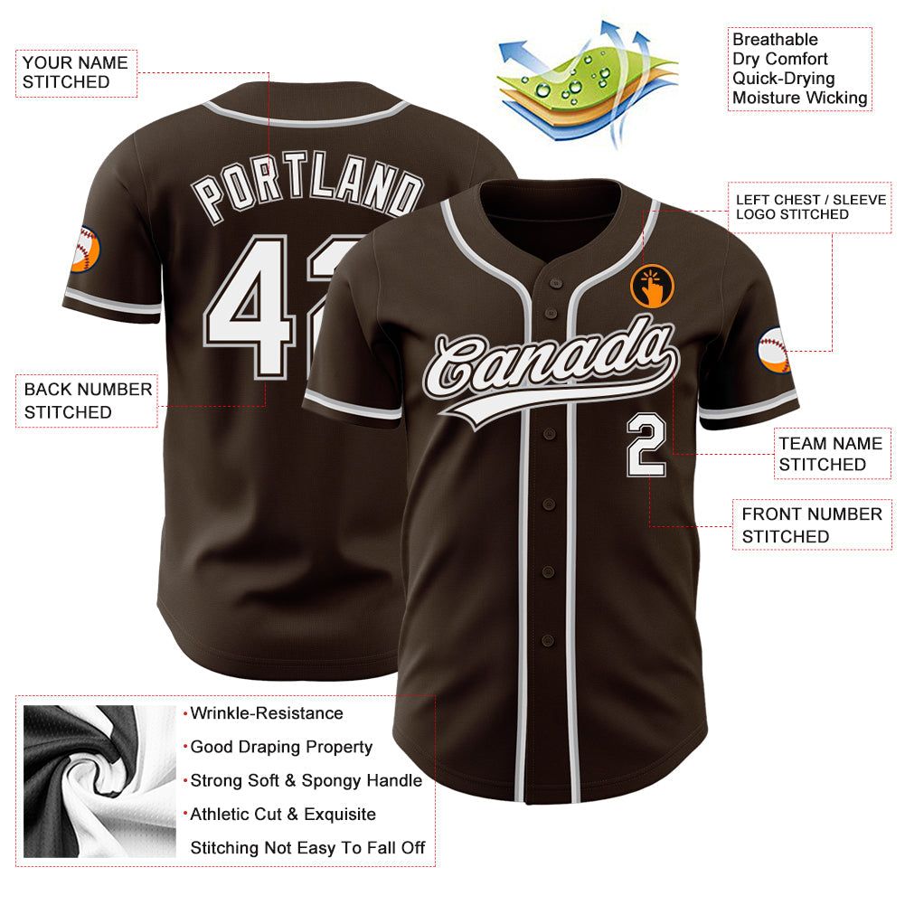 Custom Brown White-Gray Authentic Baseball Jersey view 3