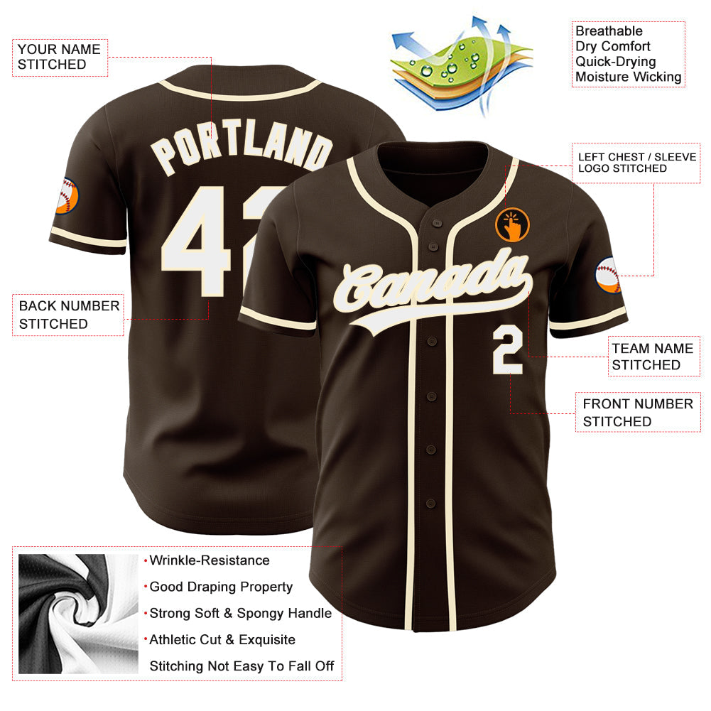 Custom Brown White-Cream Authentic Baseball Jersey view 3
