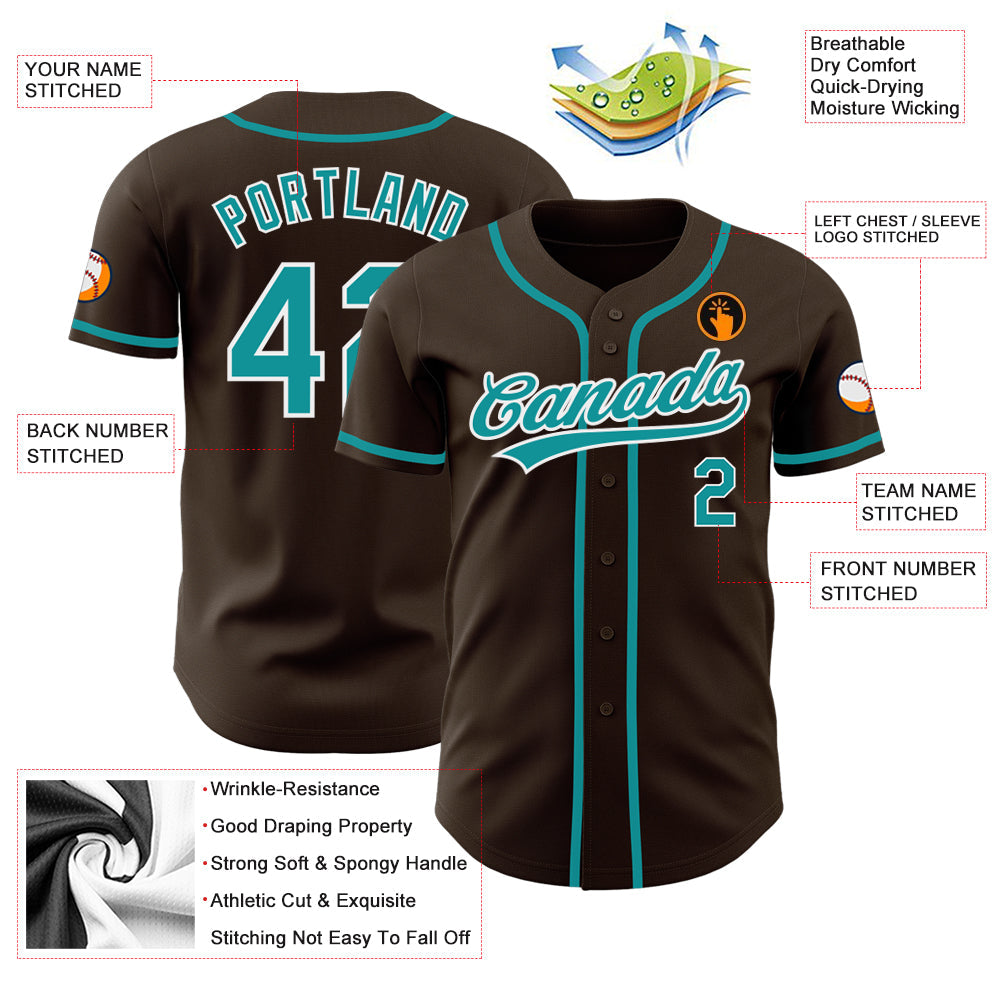 Custom Brown Teal-White Authentic Baseball Jersey view 3