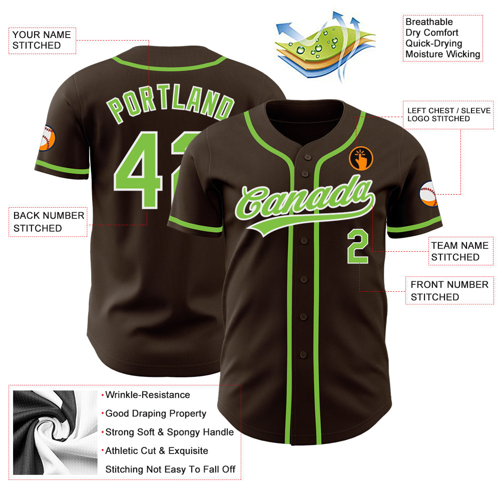 Custom Brown Neon Green-White Authentic Baseball Jersey view 3