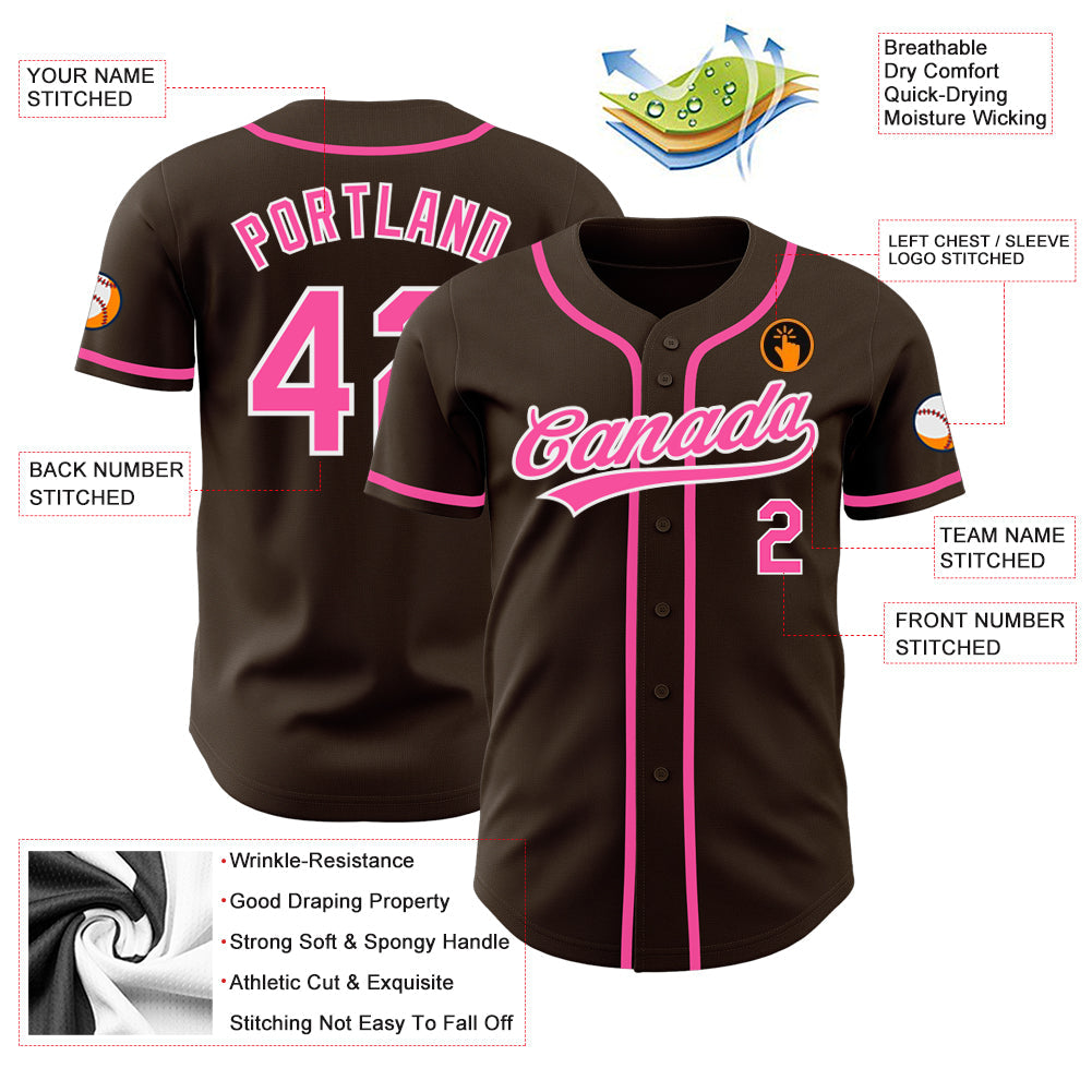 Custom Brown Pink-White Authentic Baseball Jersey view 3
