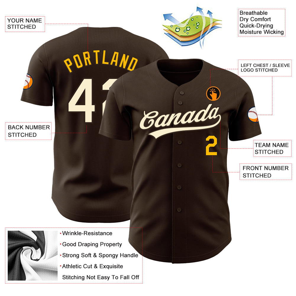 Custom Brown Cream-Gold Authentic Baseball Jersey view 3