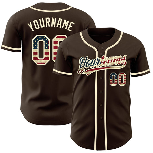 Custom Brown Vintage USA Flag-Cream Authentic Baseball Jersey - Main View