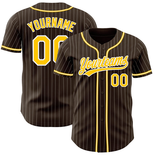 Custom Brown White Pinstripe Gold Authentic Baseball Jersey - Main View