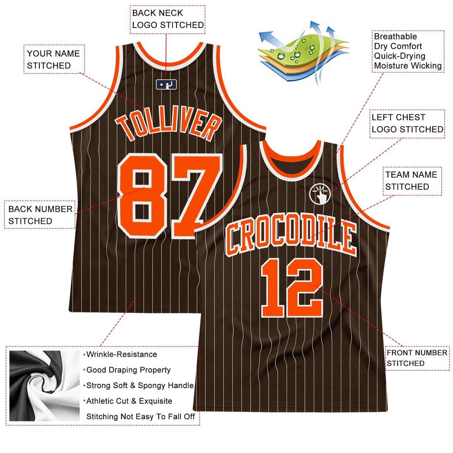 Custom Brown White Pinstripe Orange Authentic Basketball Jersey view 2