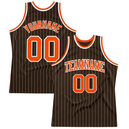 Custom Brown White Pinstripe Orange Authentic Basketball Jersey - Main View