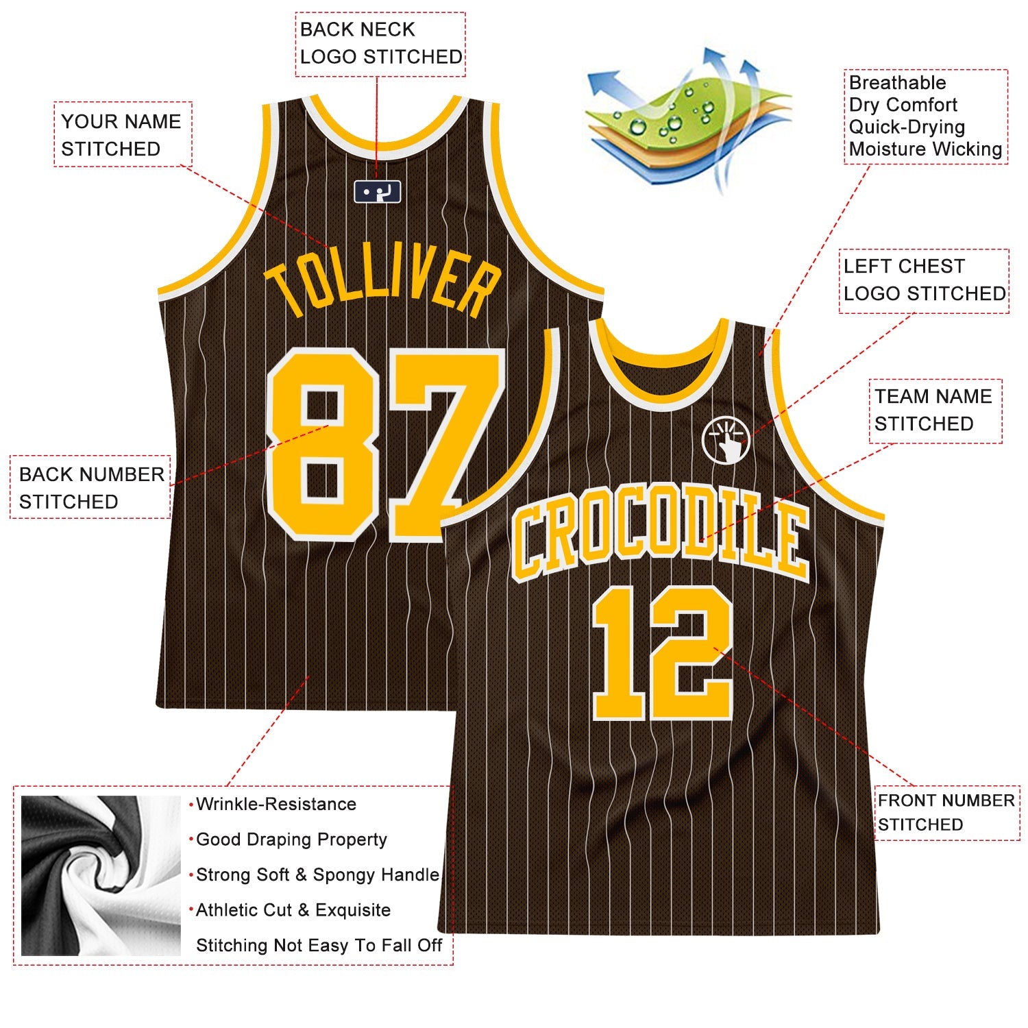 Custom Brown White Pinstripe Gold Authentic Basketball Jersey view 2