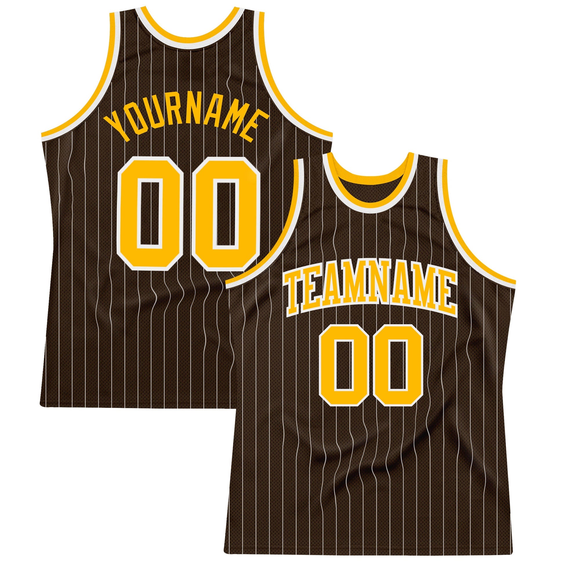 Custom Brown White Pinstripe Gold Authentic Basketball Jersey - Main View