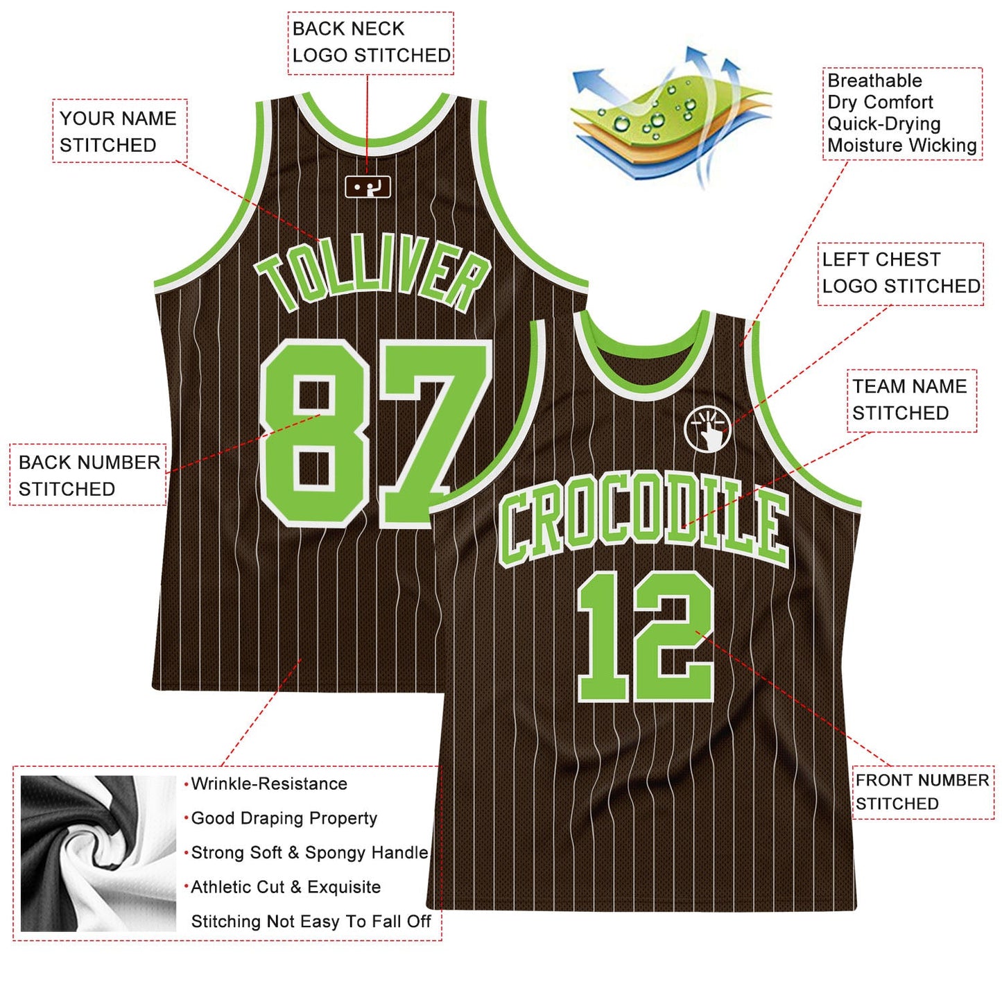 Custom Brown White Pinstripe Neon Green Authentic Basketball Jersey view 2
