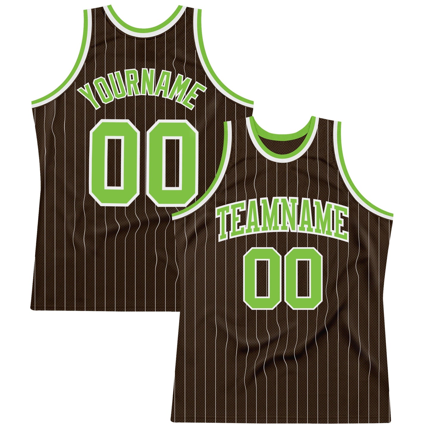 Custom Brown White Pinstripe Neon Green Authentic Basketball Jersey - Main View