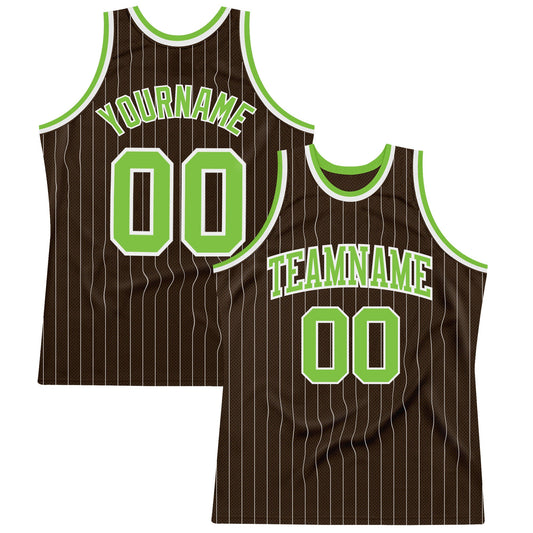 Custom Brown White Pinstripe Neon Green Authentic Basketball Jersey - Main View