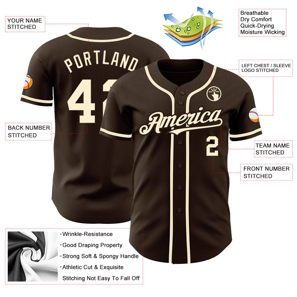 Custom Brown Cream Authentic Baseball Jersey view 4