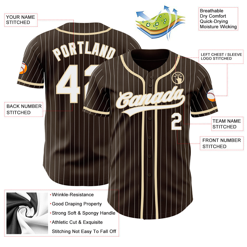 Custom Brown White Pinstripe City Cream Authentic Baseball Jersey view 3