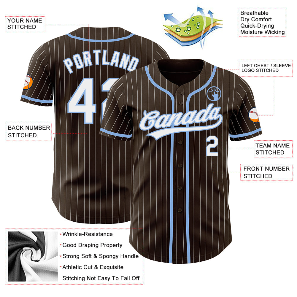 Custom Brown White Pinstripe Light Blue Authentic Baseball Jersey view 3