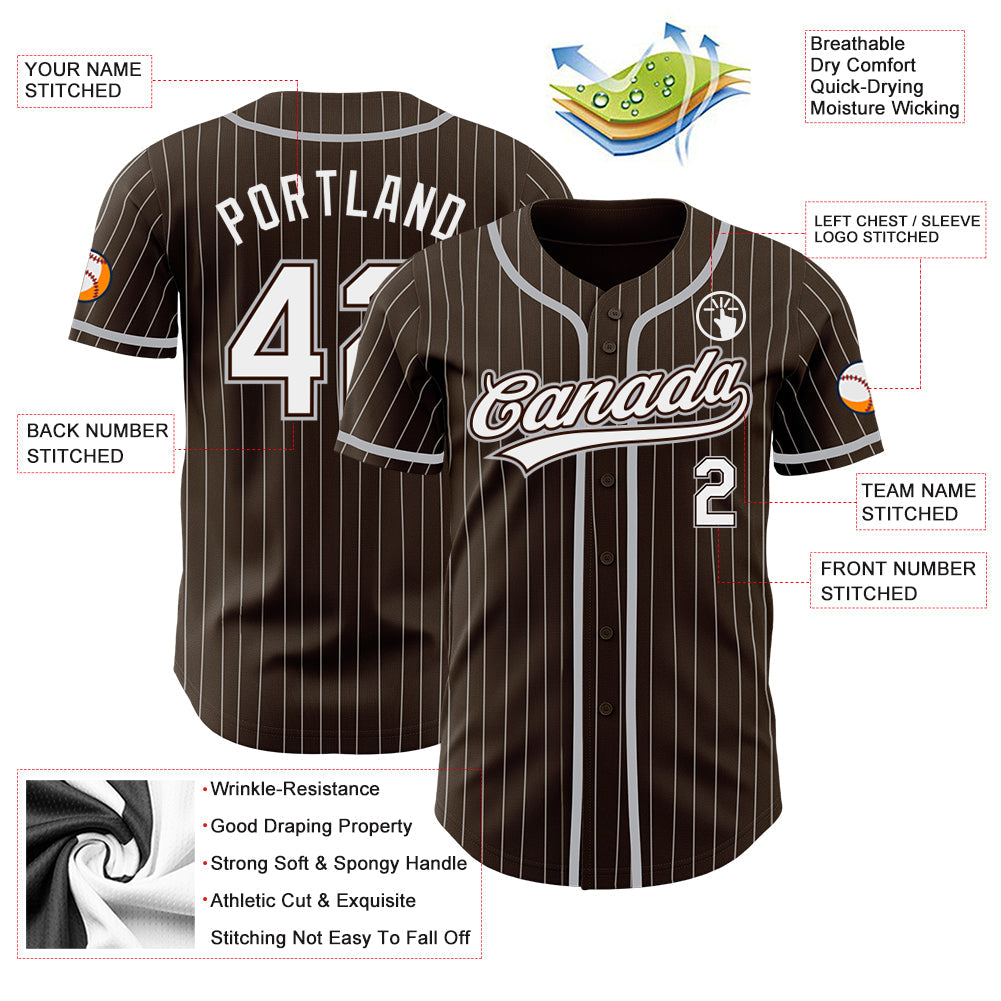 Custom Brown White Pinstripe Gray Authentic Baseball Jersey view 3