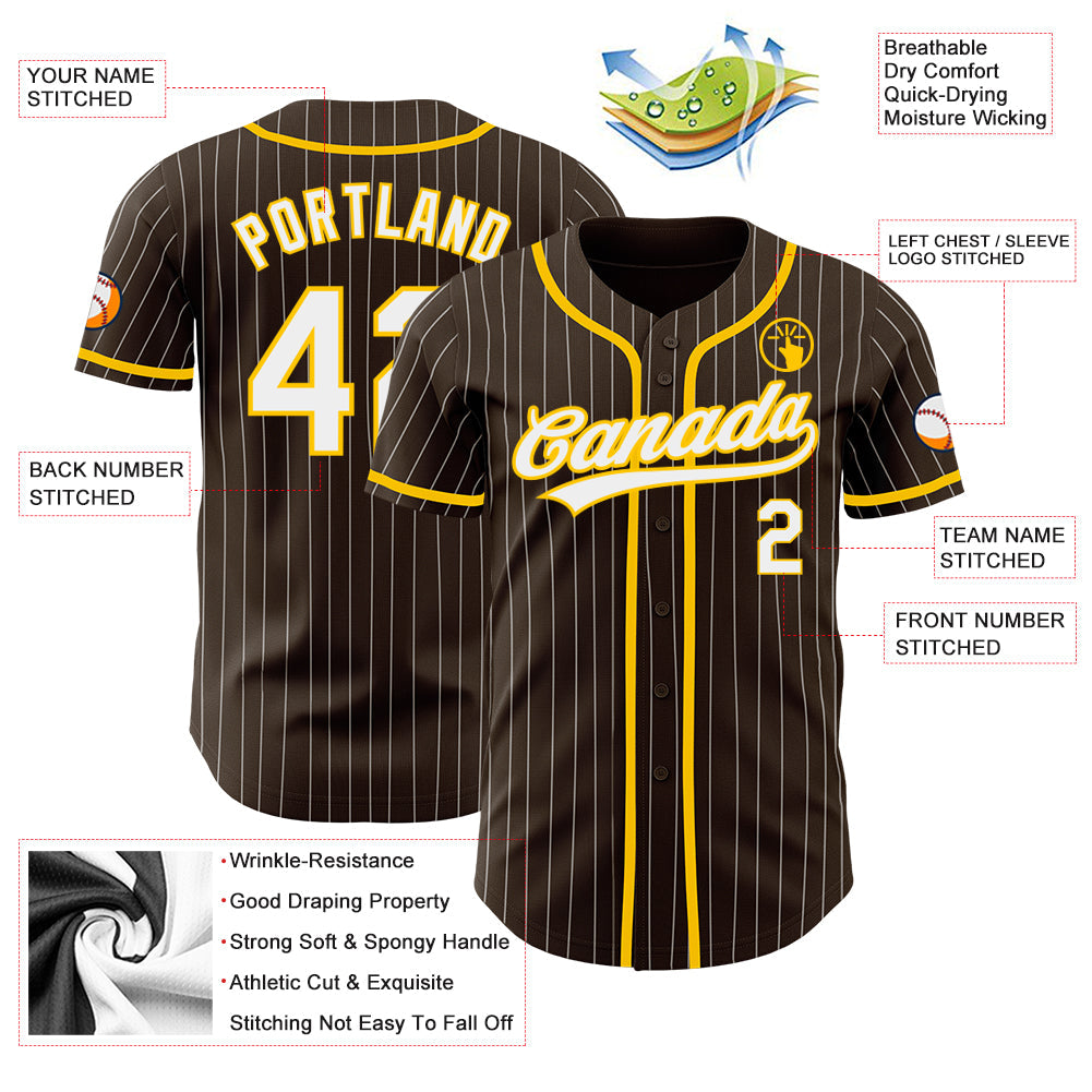 Custom Brown White Pinstripe Yellow Authentic Baseball Jersey view 3