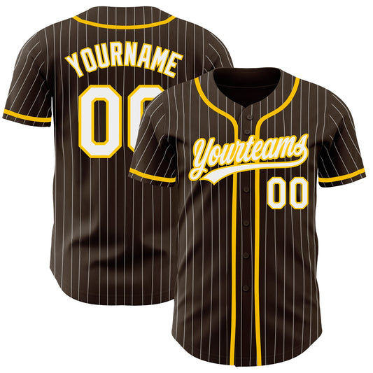 Custom Brown White Pinstripe Yellow Authentic Baseball Jersey - Main View