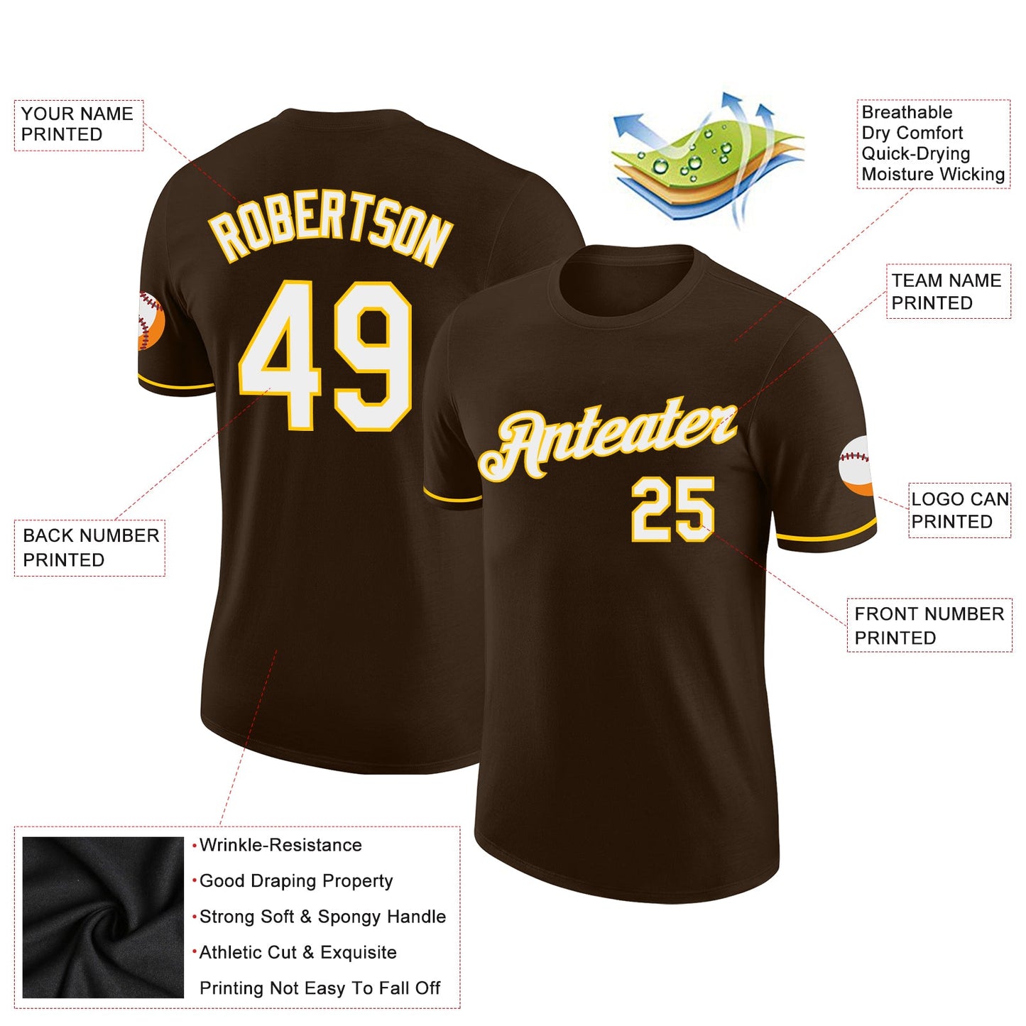 Custom Brown White-Yellow Performance T-Shirt view 2
