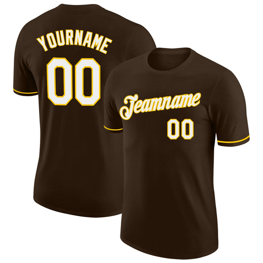 Custom Brown White-Yellow Performance T-Shirt - Main View