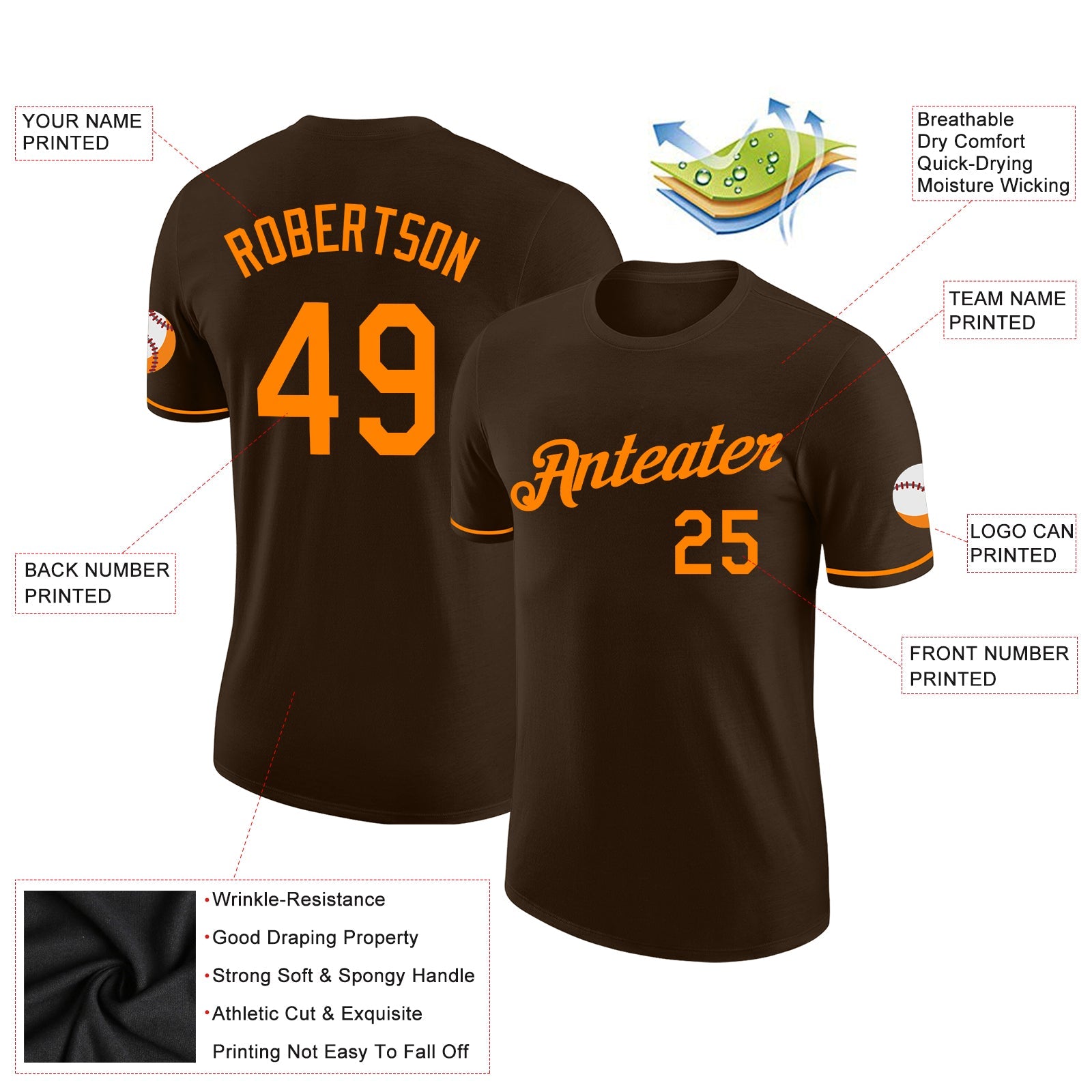 Custom Brown Bay Orange Performance T-Shirt view 2