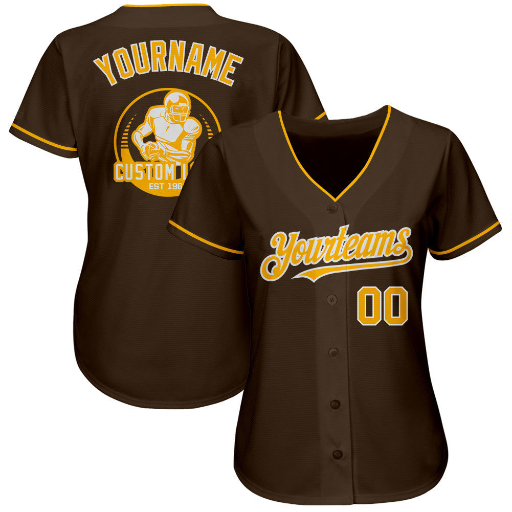 Custom Brown Gold-White Authentic Baseball Jersey view 2