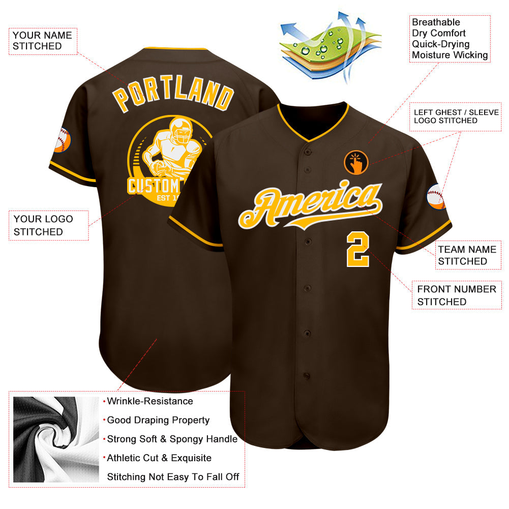 Custom Brown Gold-White Authentic Baseball Jersey view 3
