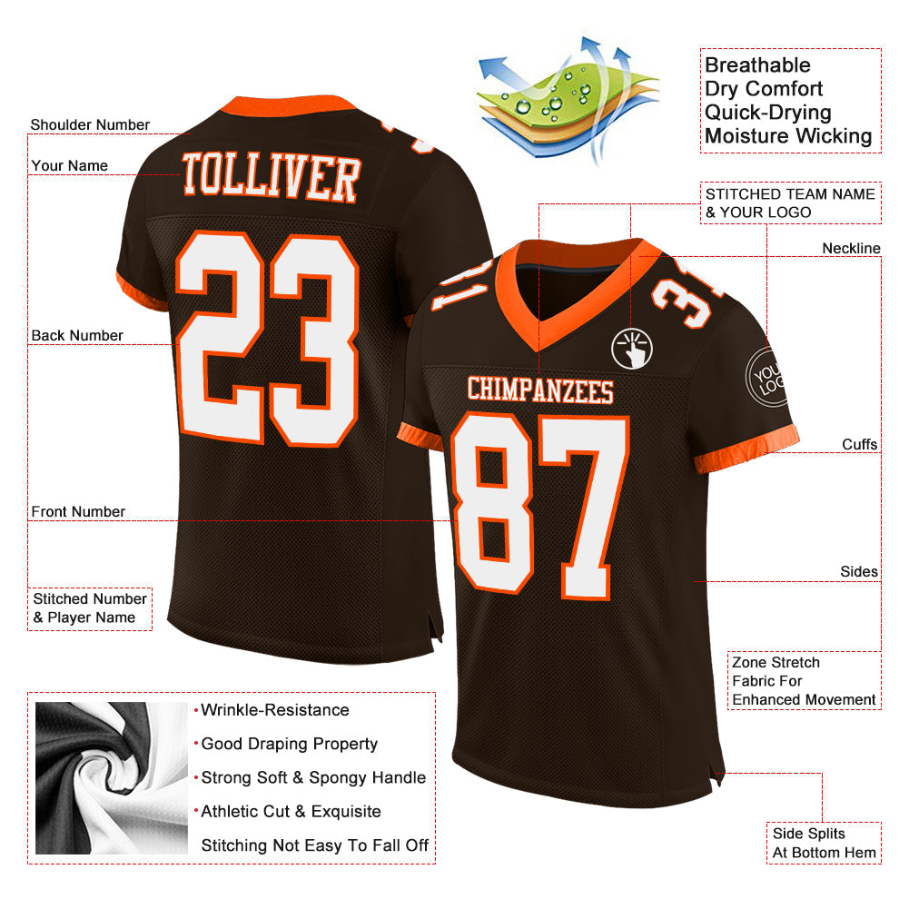 Custom Brown White-Orange Mesh Authentic Football Jersey view 2