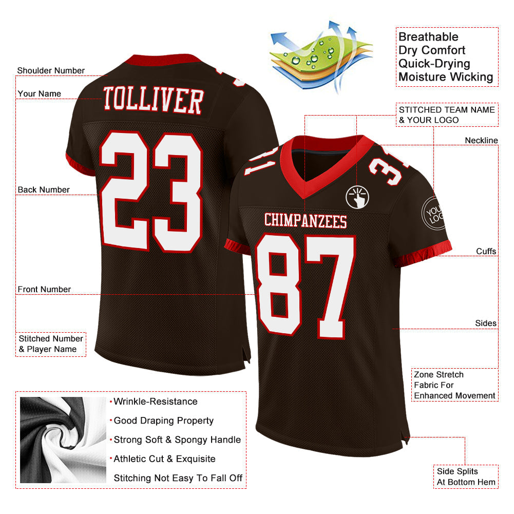 Custom Brown White-Red Mesh Authentic Football Jersey view 2