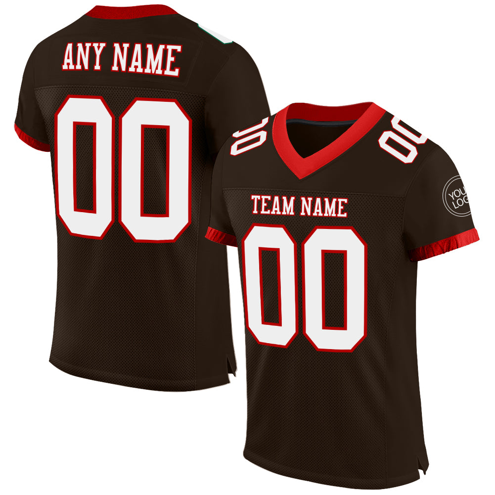 Custom Brown White-Red Mesh Authentic Football Jersey - Main View