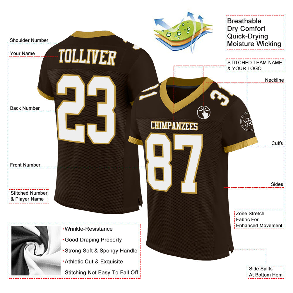 Custom Brown White-Old Gold Mesh Authentic Football Jersey view 2
