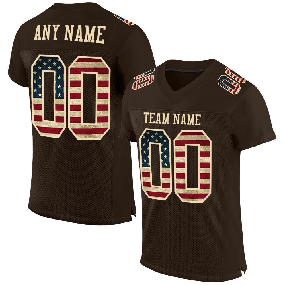 Custom Brown Vintage USA Flag-City Cream Mesh Authentic Football Jersey - Main View