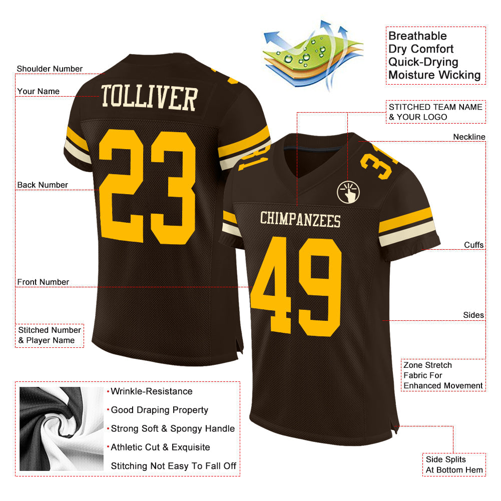 Custom Brown Gold-Cream Mesh Authentic Football Jersey view 2