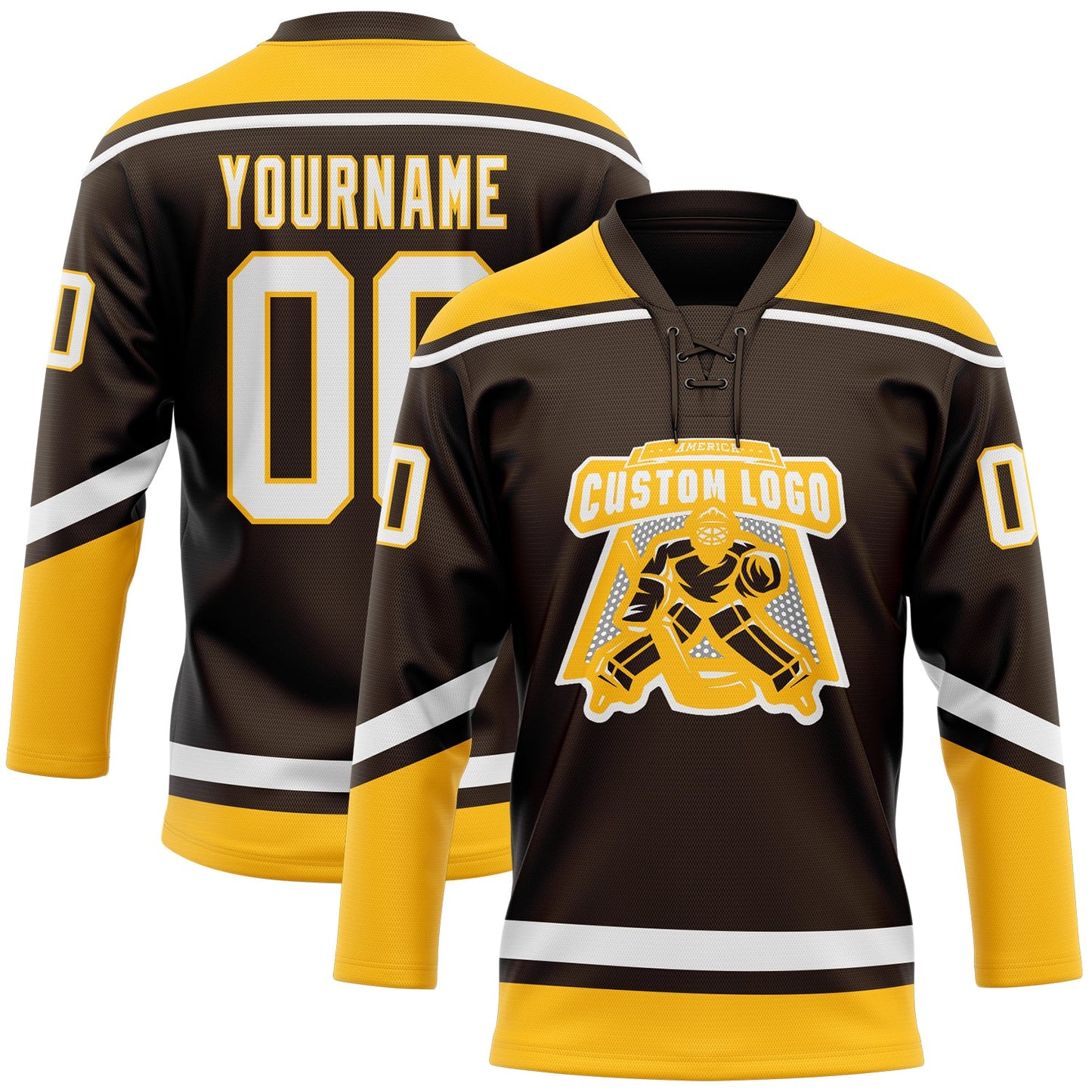 Custom Brown White-Gold Hockey Lace Neck Jersey view 2