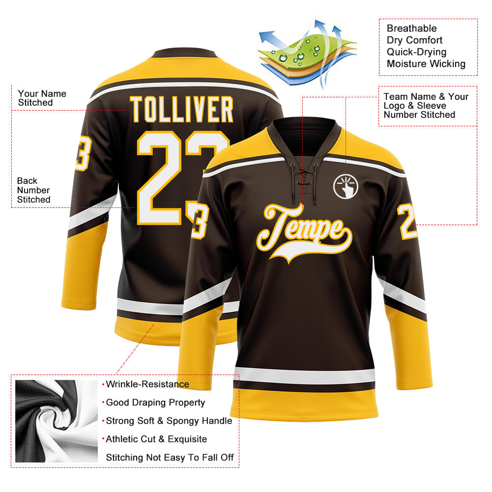 Custom Brown White-Gold Hockey Lace Neck Jersey view 3