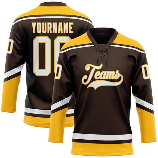 Custom Brown White-Gold Hockey Lace Neck Jersey - Main View