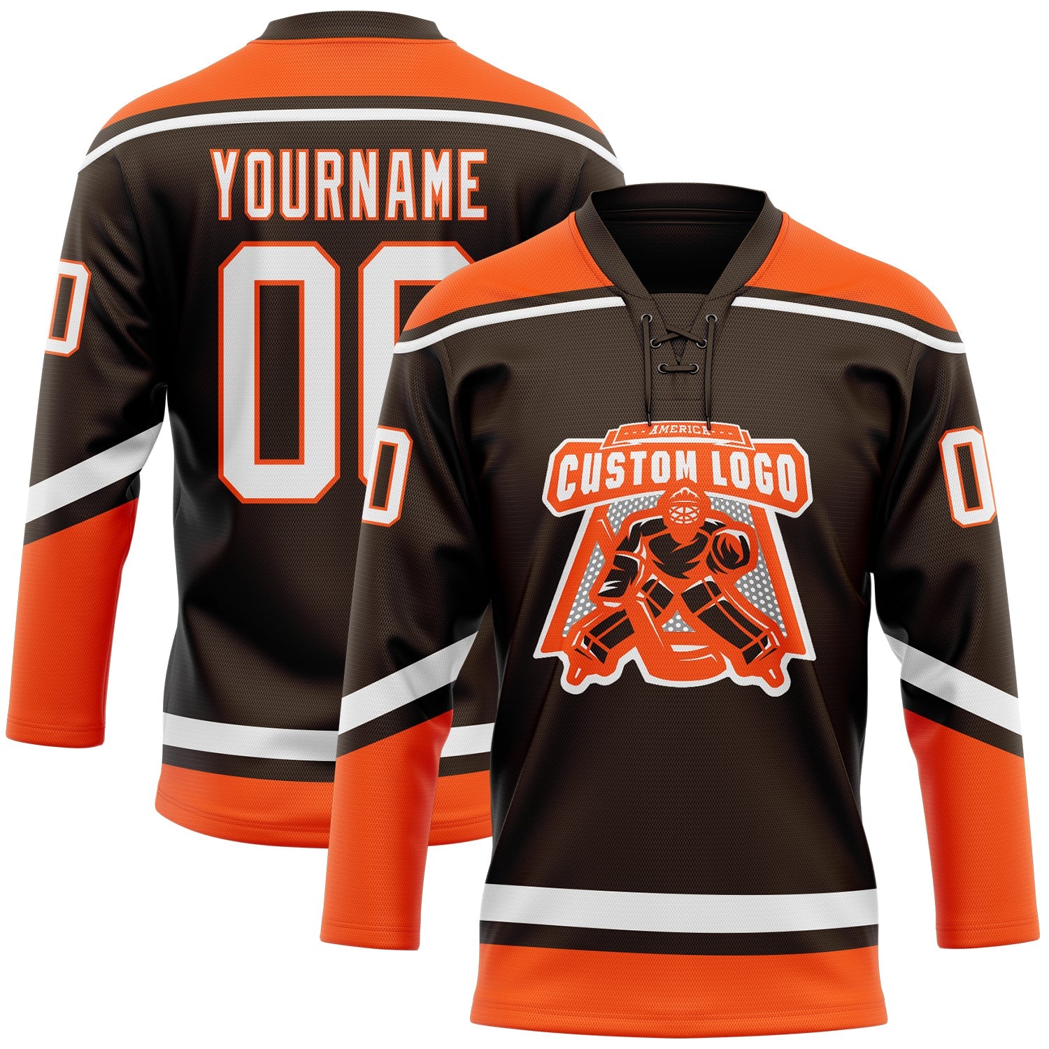 Custom Brown White-Orange Hockey Lace Neck Jersey view 2