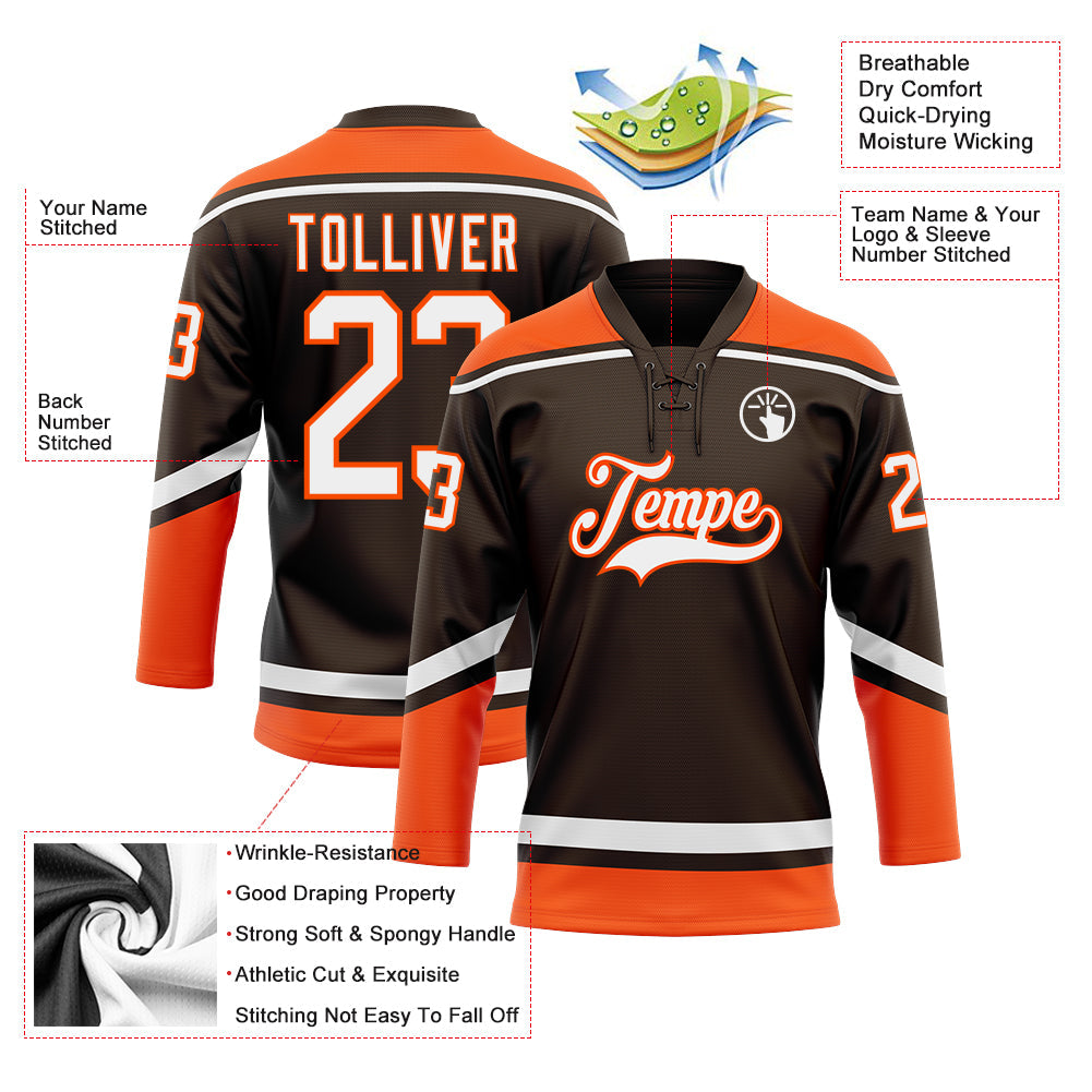 Custom Brown White-Orange Hockey Lace Neck Jersey view 3