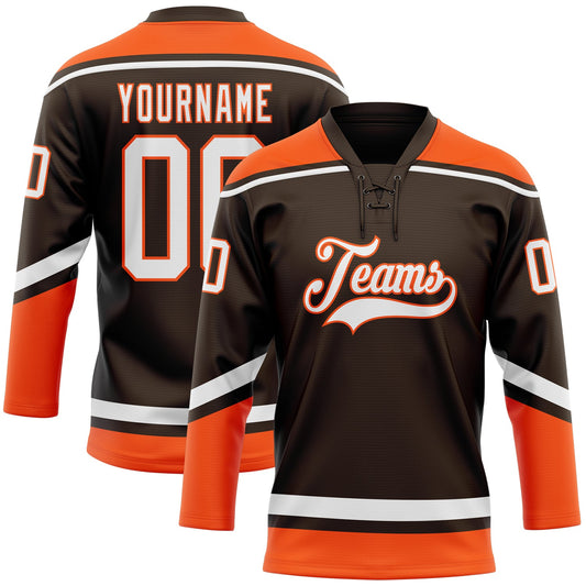 Custom Brown White-Orange Hockey Lace Neck Jersey - Main View
