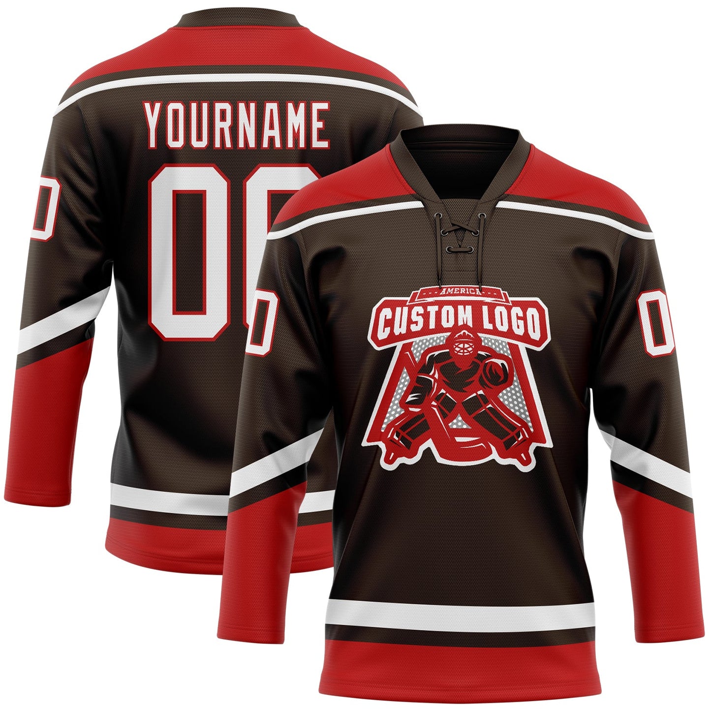 Custom Brown White-Red Hockey Lace Neck Jersey view 2