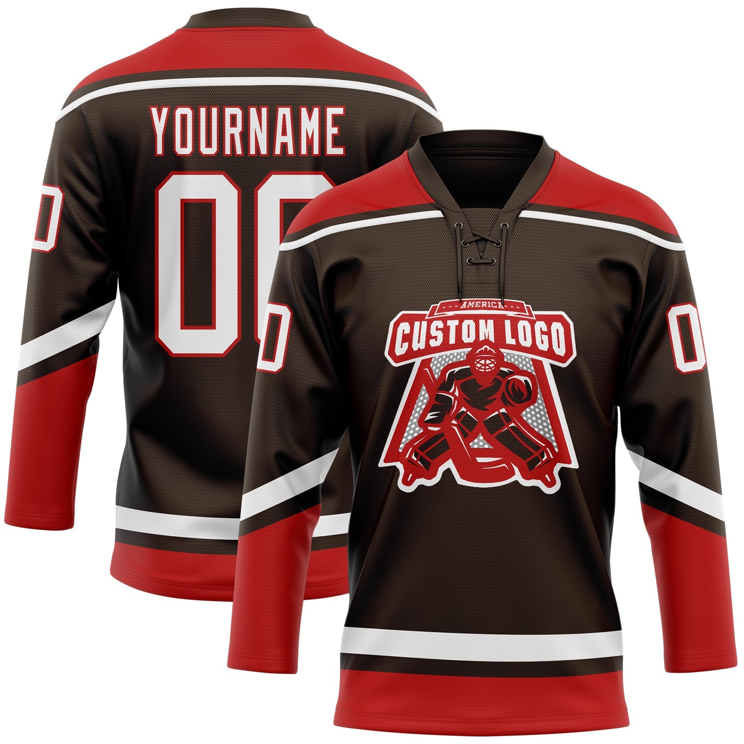 Custom Brown White-Red Hockey Lace Neck Jersey view 2
