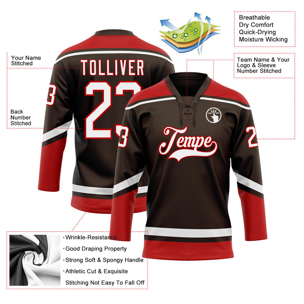 Custom Brown White-Red Hockey Lace Neck Jersey view 3