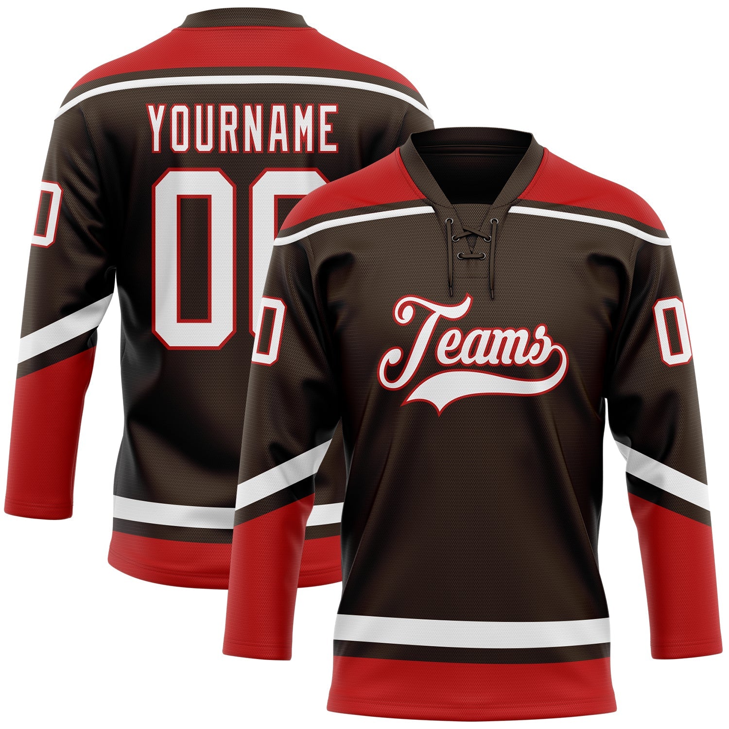 Custom Brown White-Red Hockey Lace Neck Jersey - Main View