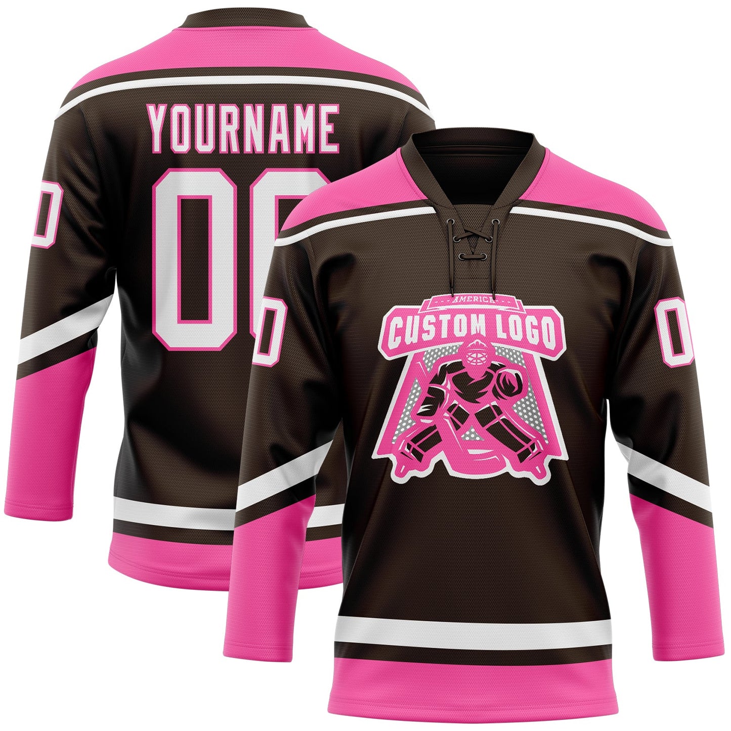 Custom Brown White-Pink Hockey Lace Neck Jersey view 2